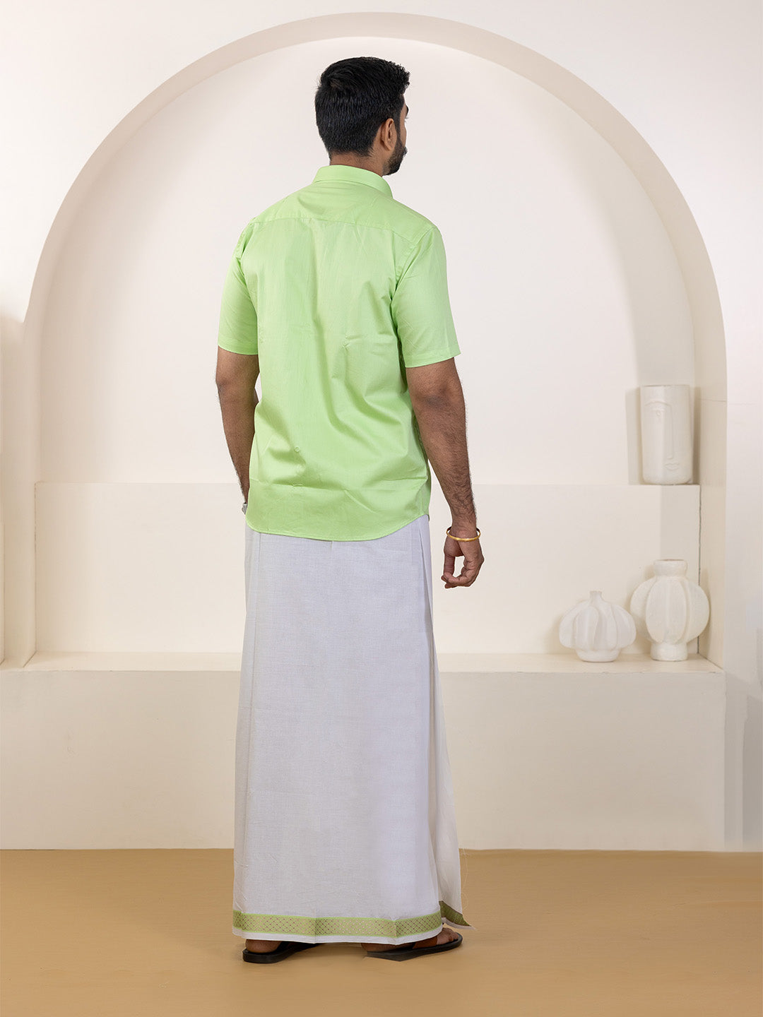 Men 100% Cotton Green Shirt and Fancy Border Dhoti Set BT3