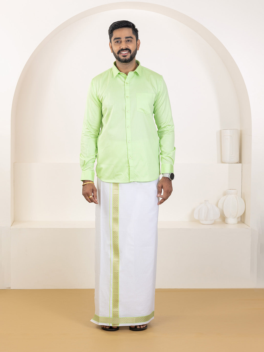 Men 100% Cotton Green Shirt and Fancy Border Dhoti Set BT3