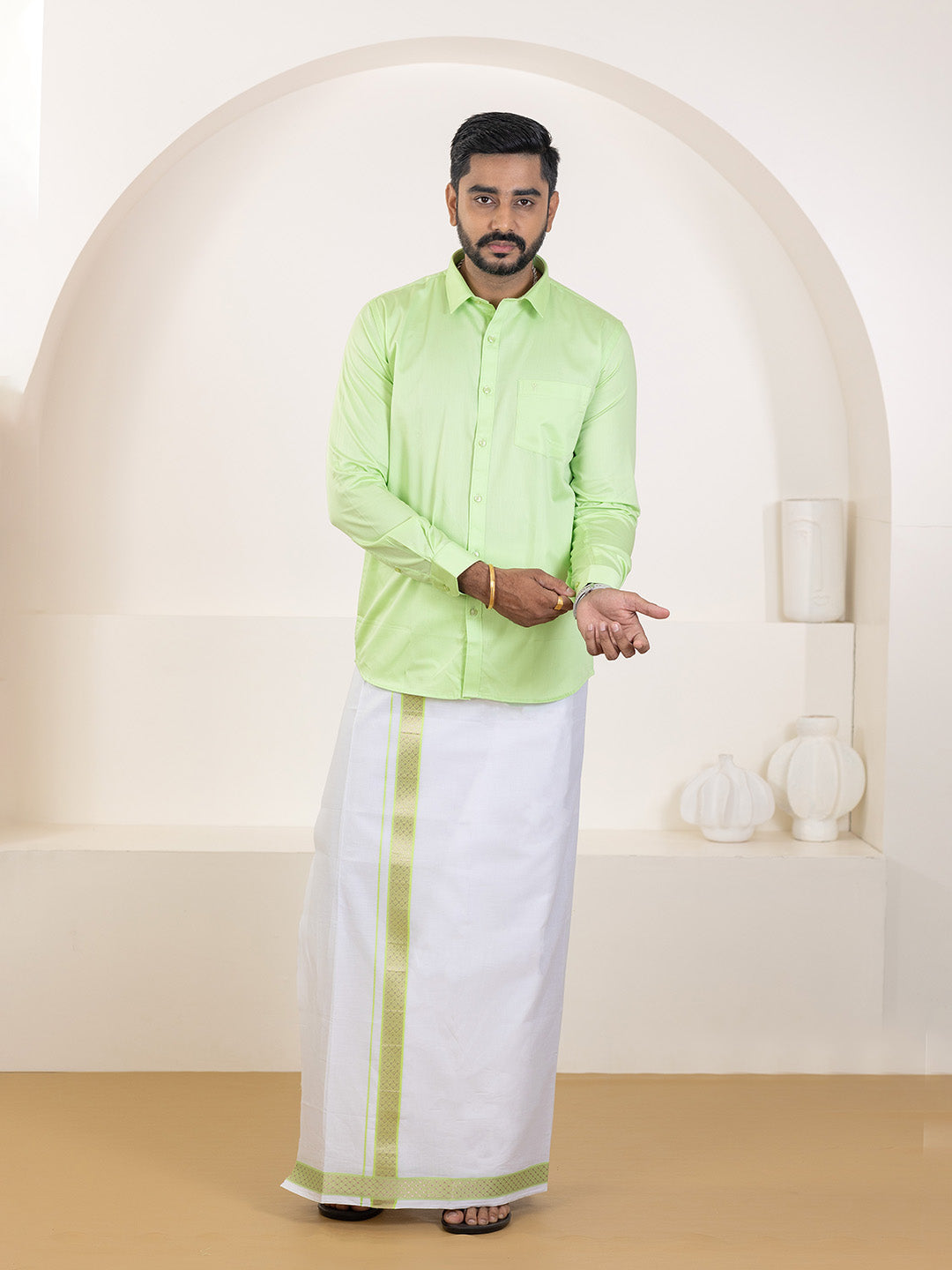 Men 100% Cotton Green Shirt and Fancy Border Dhoti Set BT3