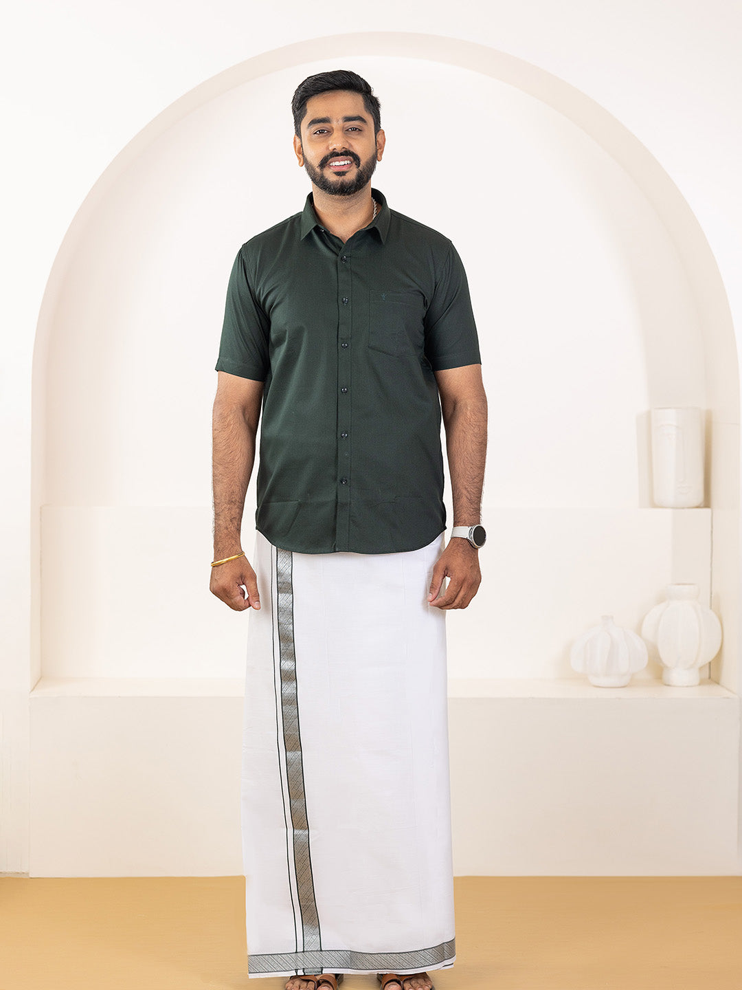 Men 100% Cotton Dark Green Shirt and Fancy Border Dhoti Set BT10