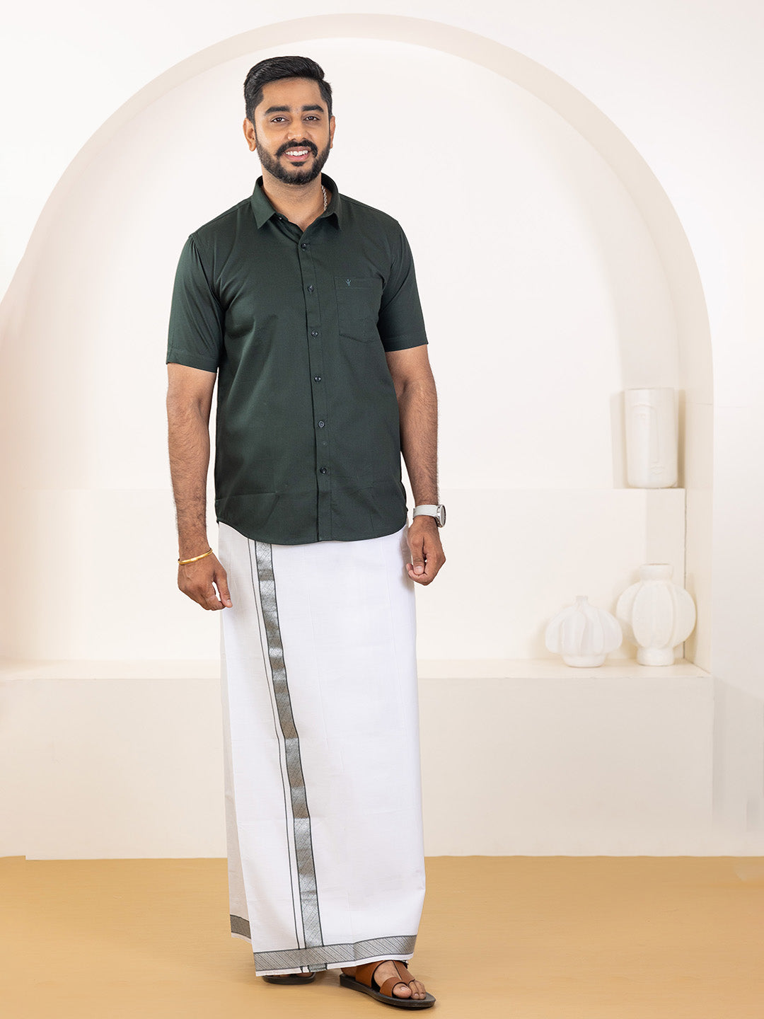 Men 100% Cotton Dark Green Shirt and Fancy Border Dhoti Set BT10
