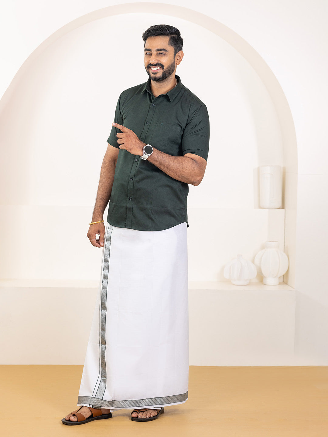 Men 100% Cotton Dark Green Shirt and Fancy Border Dhoti Set BT10