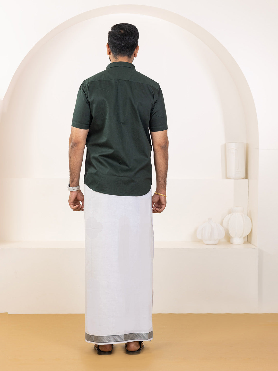 Men 100% Cotton Dark Green Shirt and Fancy Border Dhoti Set BT10