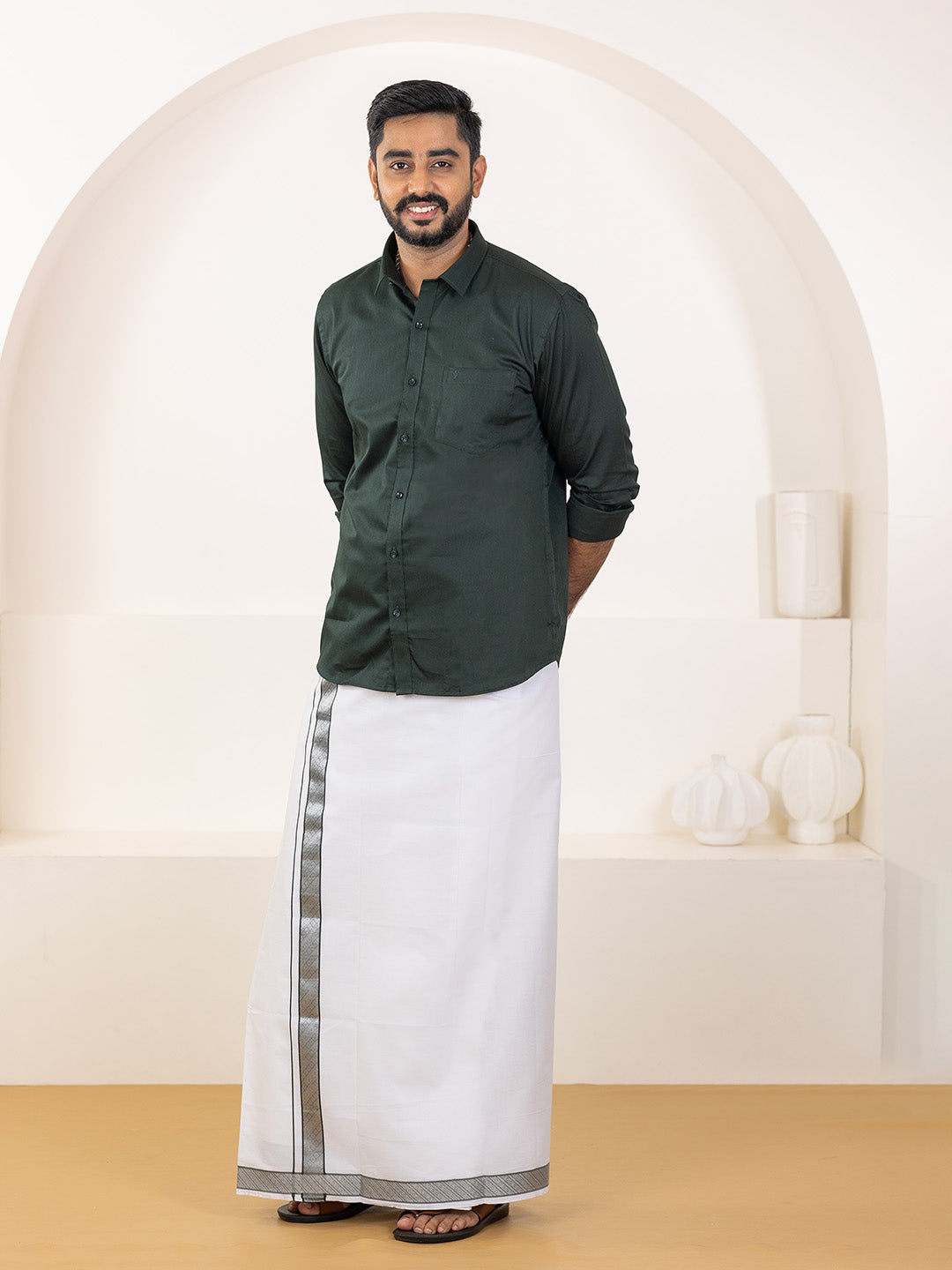Men 100% Cotton Dark Green Shirt and Fancy Border Dhoti Set BT10