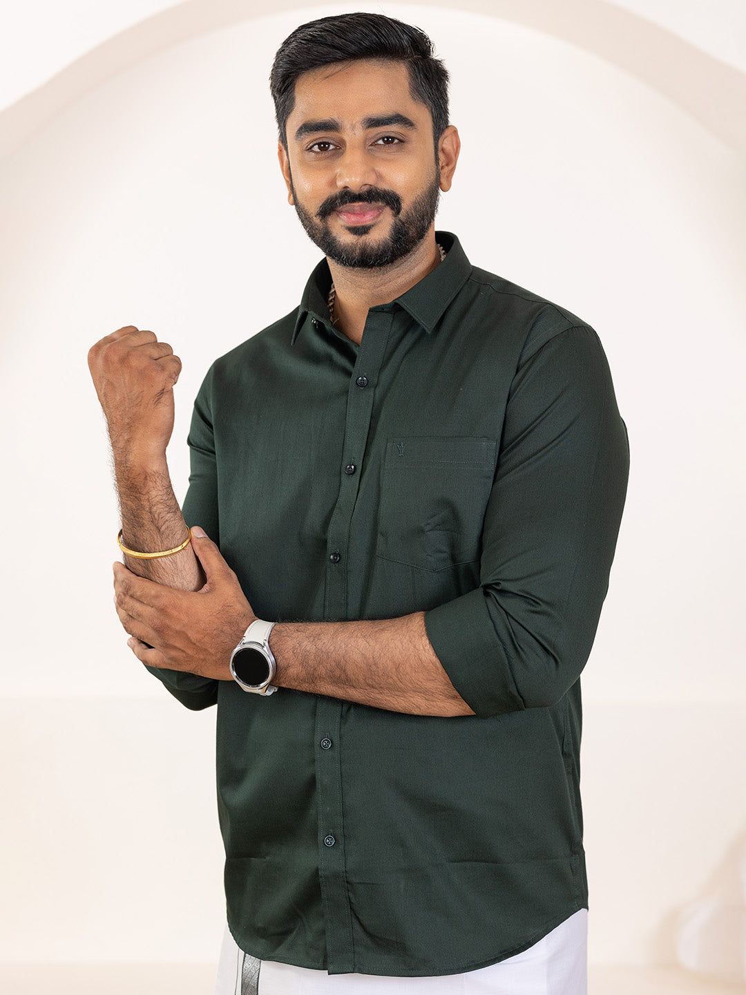 Men 100% Cotton Dark Green Shirt and Fancy Border Dhoti Set BT10