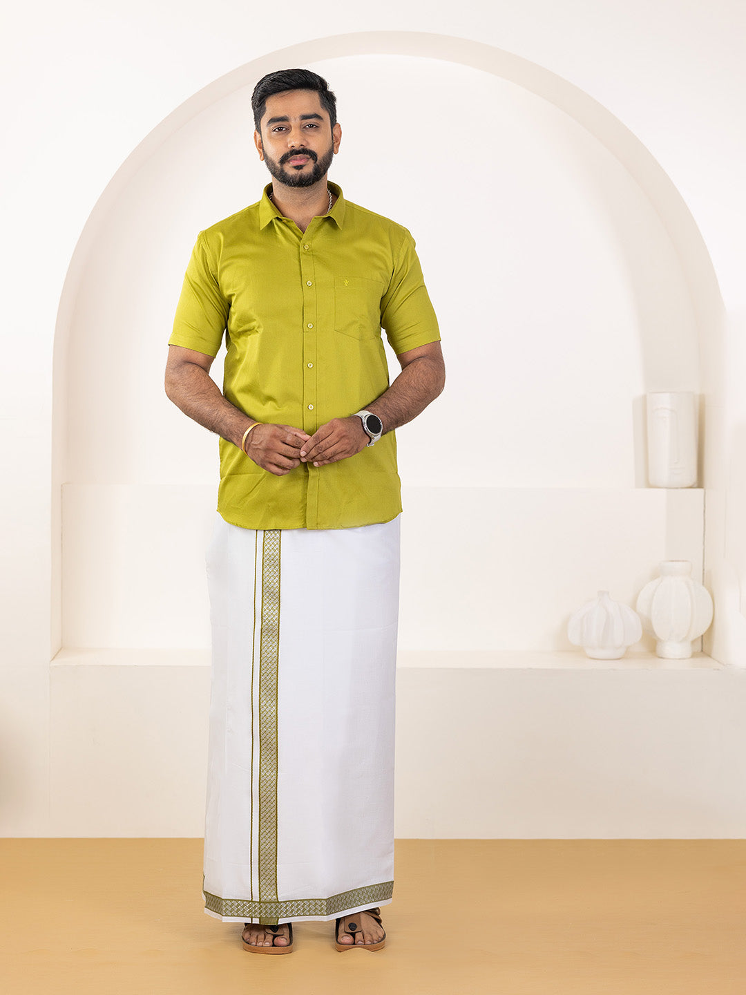 Men 100% Cotton Pesto Shirt and Fancy Border Dhoti Set BT9