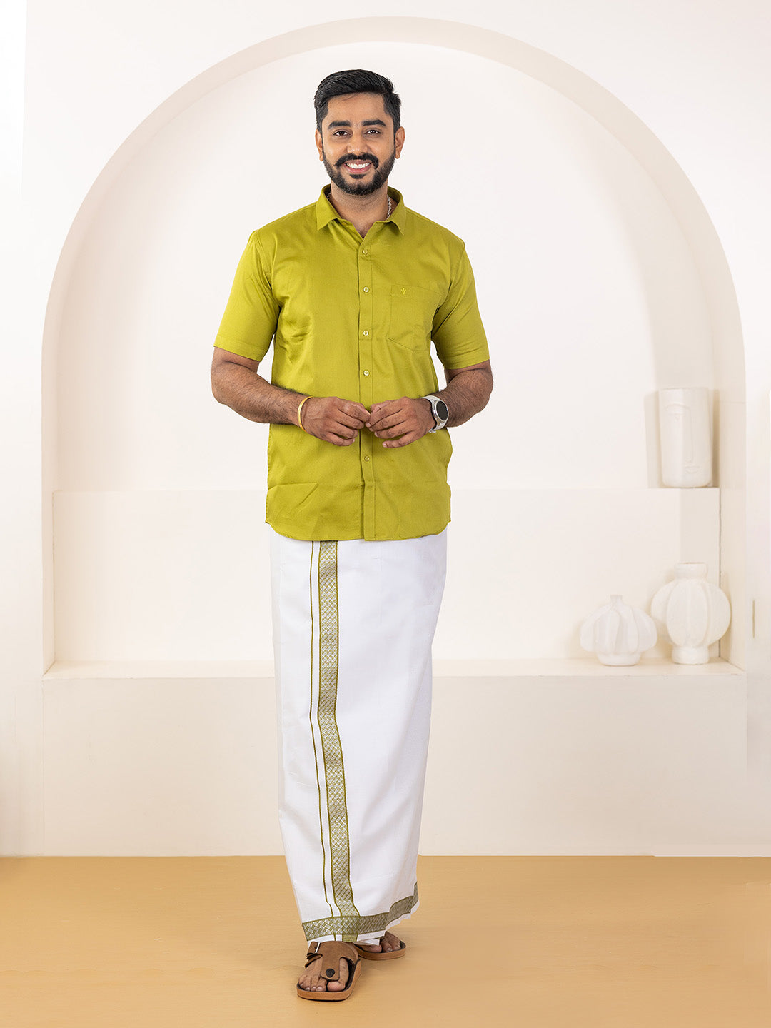 Men 100% Cotton Pesto Shirt and Fancy Border Dhoti Set BT9