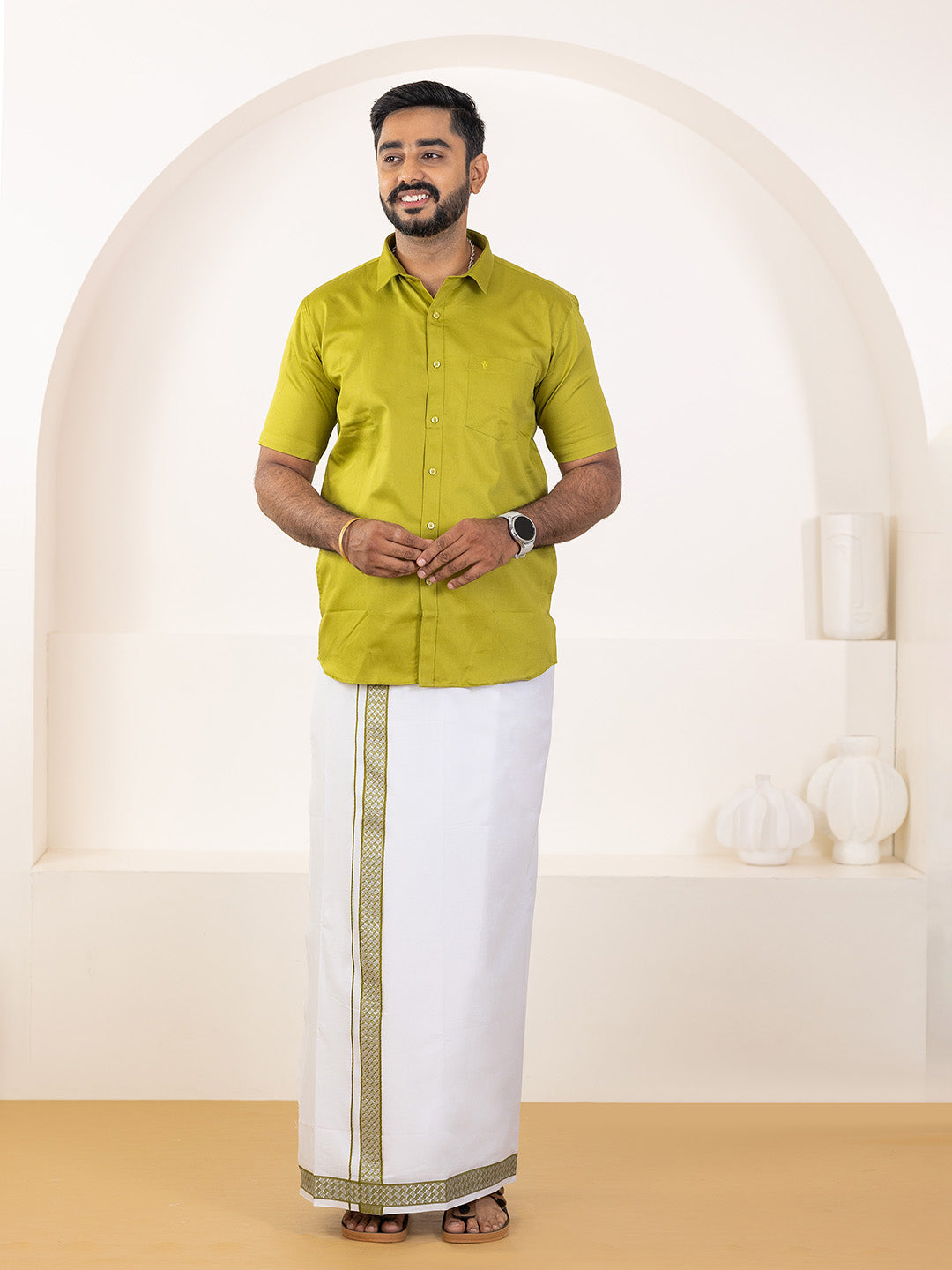 Men 100% Cotton Pesto Shirt and Fancy Border Dhoti Set BT9