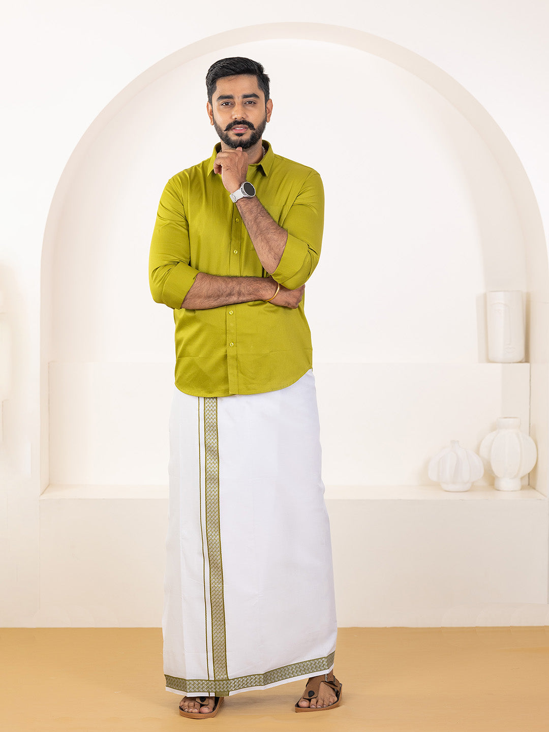 Men 100% Cotton Pesto Shirt and Fancy Border Dhoti Set BT9