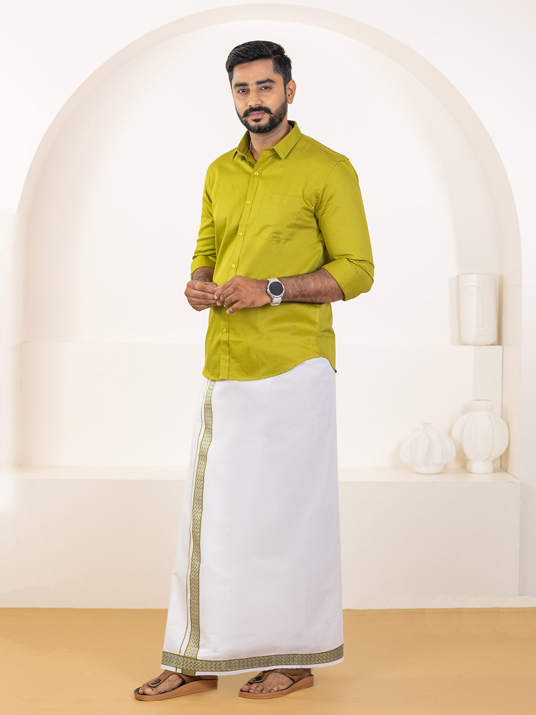Men 100% Cotton Pesto Shirt and Fancy Border Dhoti Set BT9