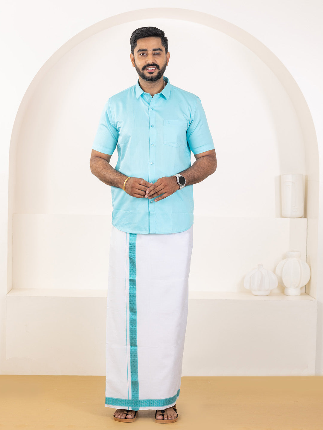 Men 100% Cotton Sky Blue Shirt and Fancy Border Dhoti Set BT5