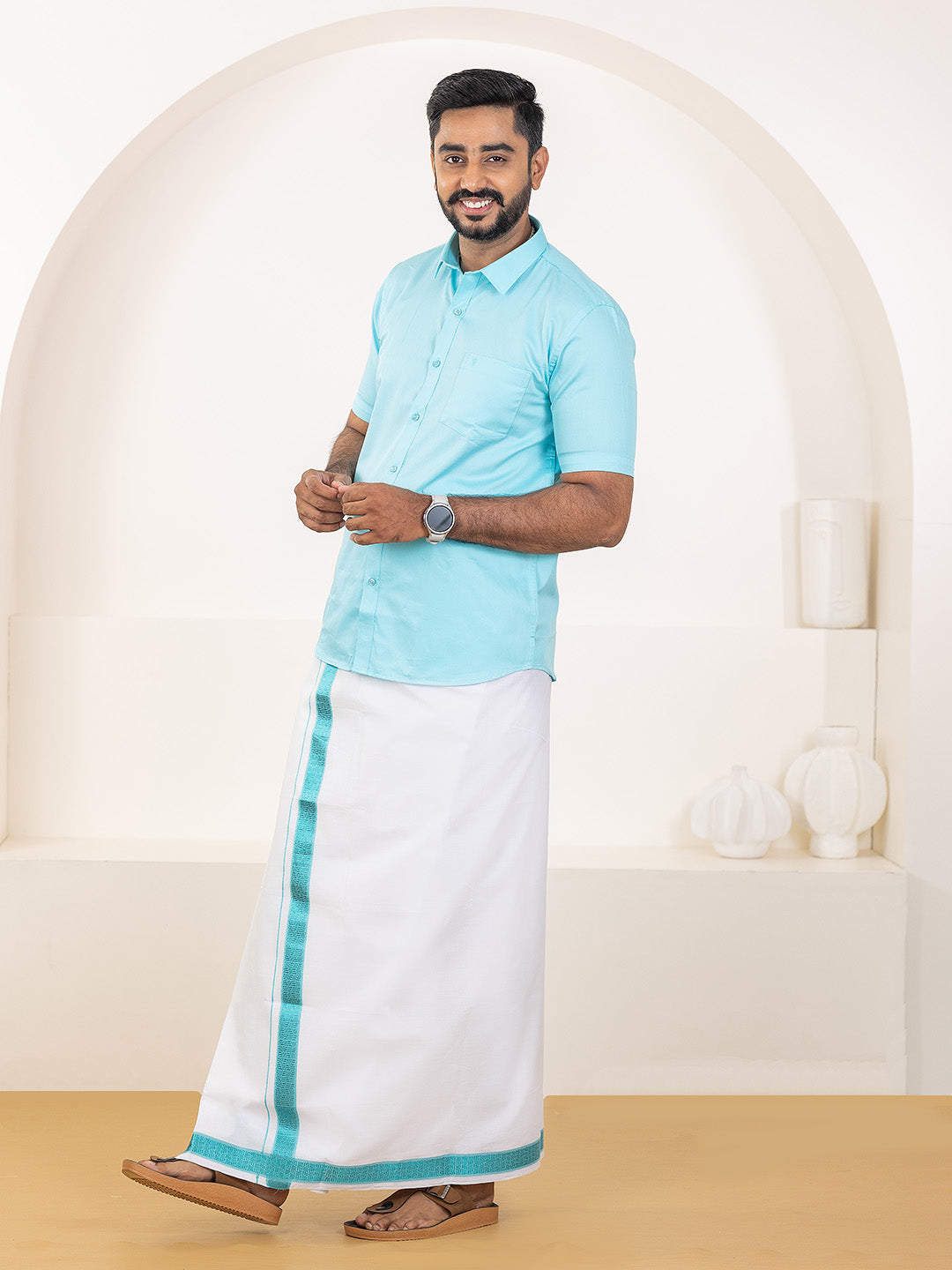 Men 100% Cotton Sky Blue Shirt and Fancy Border Dhoti Set BT5