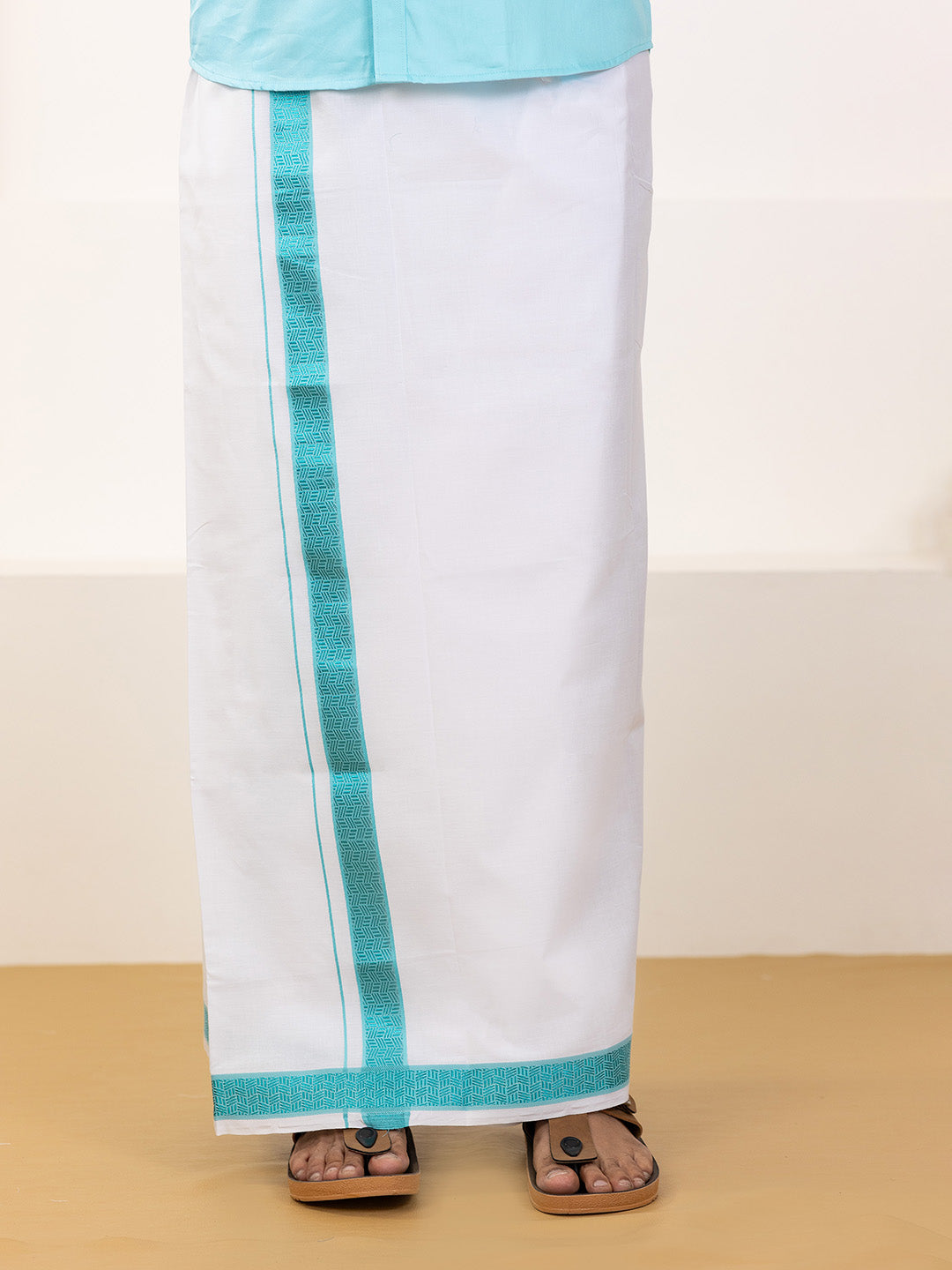 Men 100% Cotton Sky Blue Shirt and Fancy Border Dhoti Set BT5