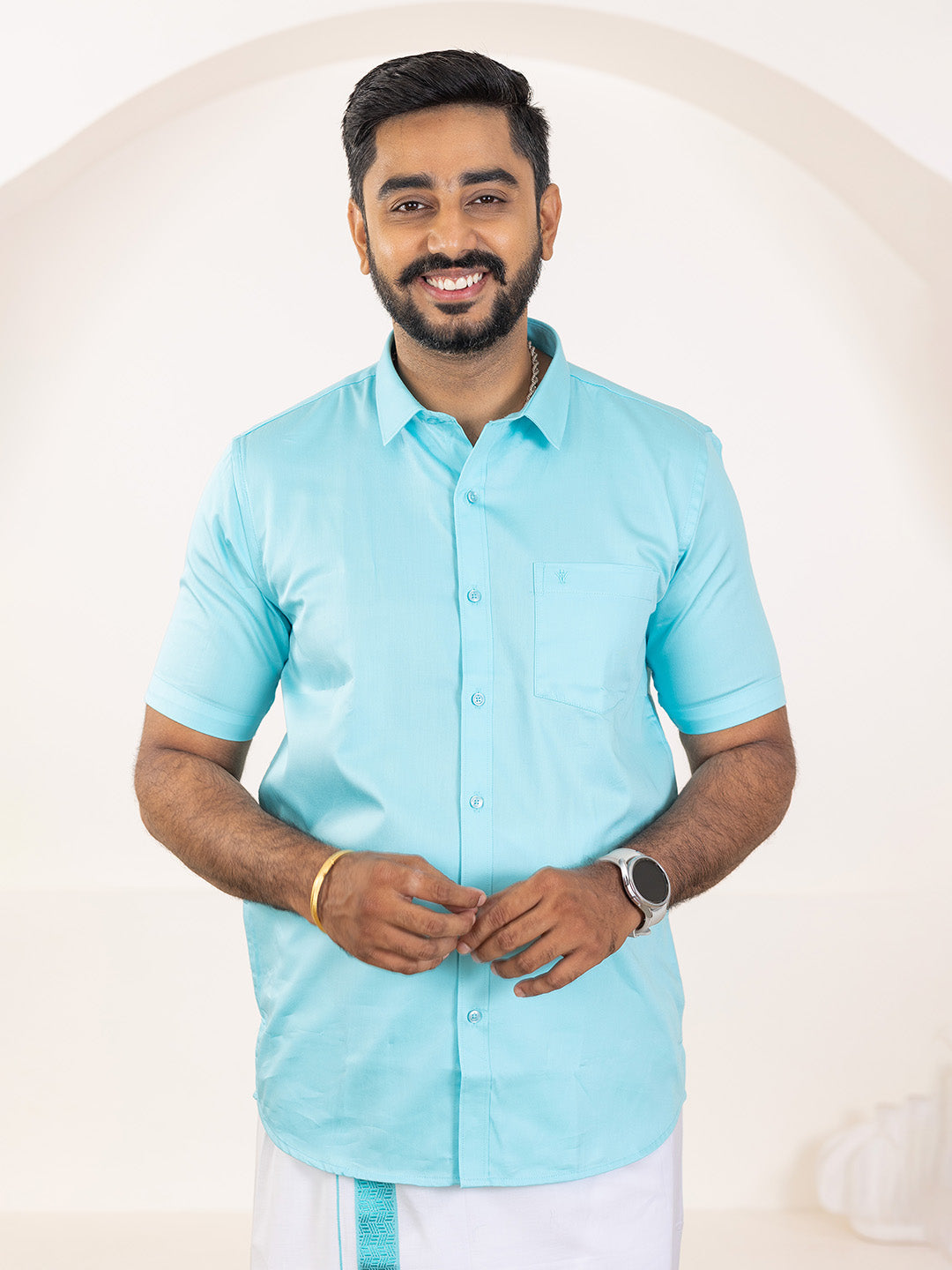 Men 100% Cotton Sky Blue Shirt and Fancy Border Dhoti Set BT5