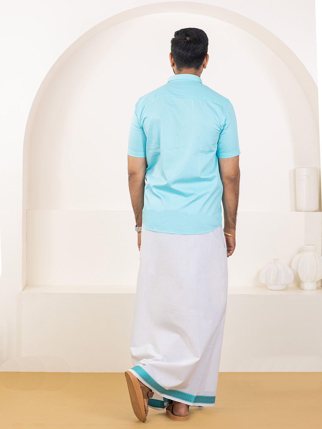 Men 100% Cotton Sky Blue Shirt and Fancy Border Dhoti Set BT5