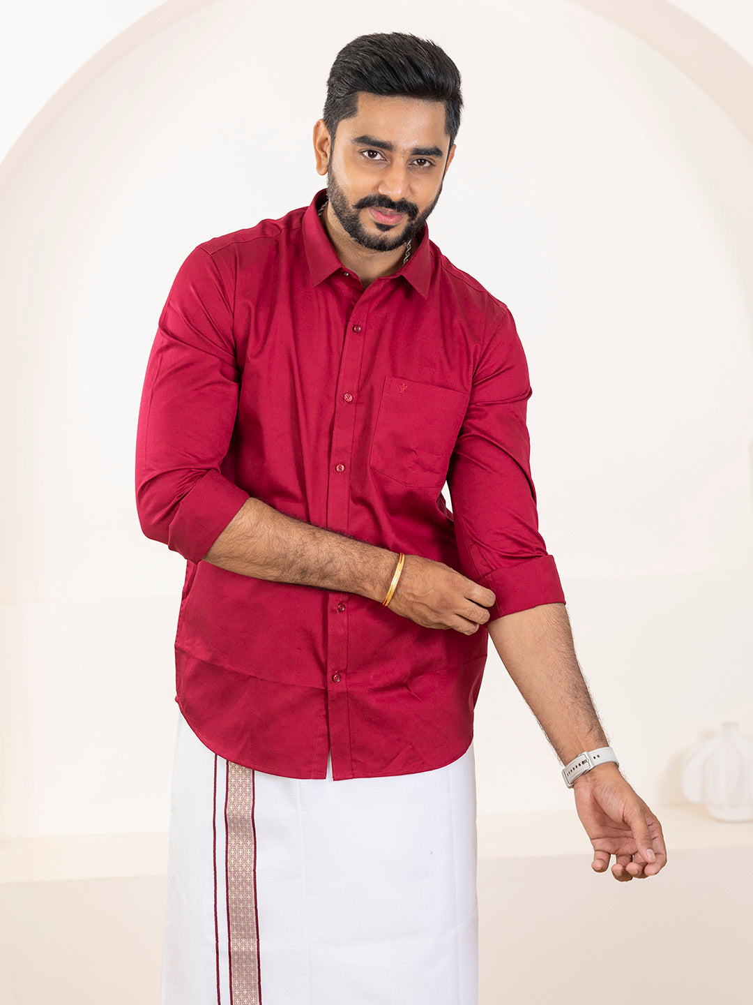 Men 100% Cotton Cherry Wood Shirt and Fancy Border Dhoti Set BT8