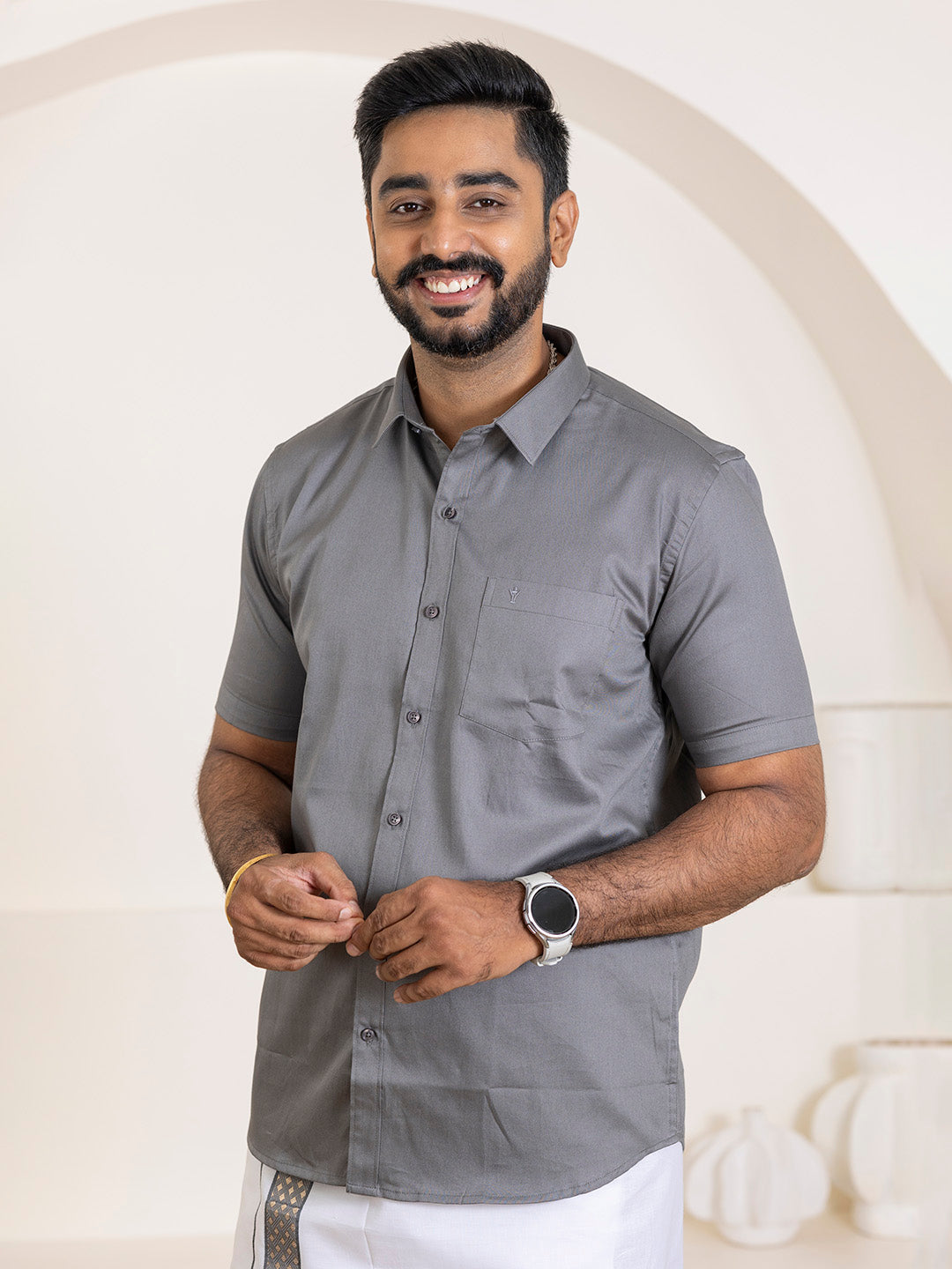 Men 100% Cotton Shuttle Grey Shirt and Fancy Border Dhoti Set BT6