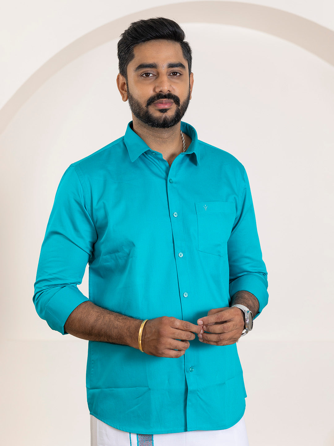 Men 100% Cotton Jungle Green Shirt and Fancy Border Dhoti Set BT11