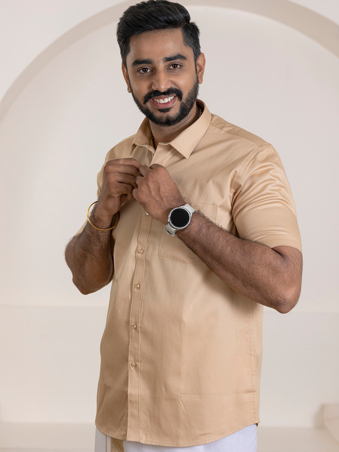 Men 100% Cotton Brown Shirt and Fancy Border Dhoti Set BT1