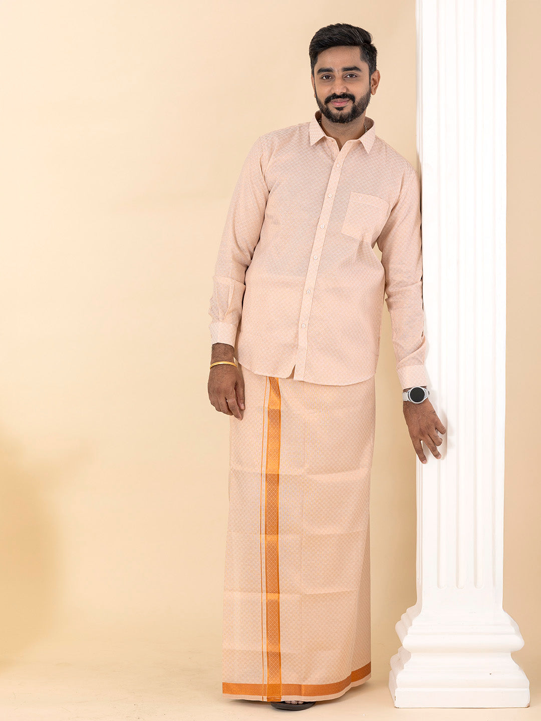 Men Copper Tissue Jacquard Full Sleeves Shirt with Matching Dhoti Set CD11
