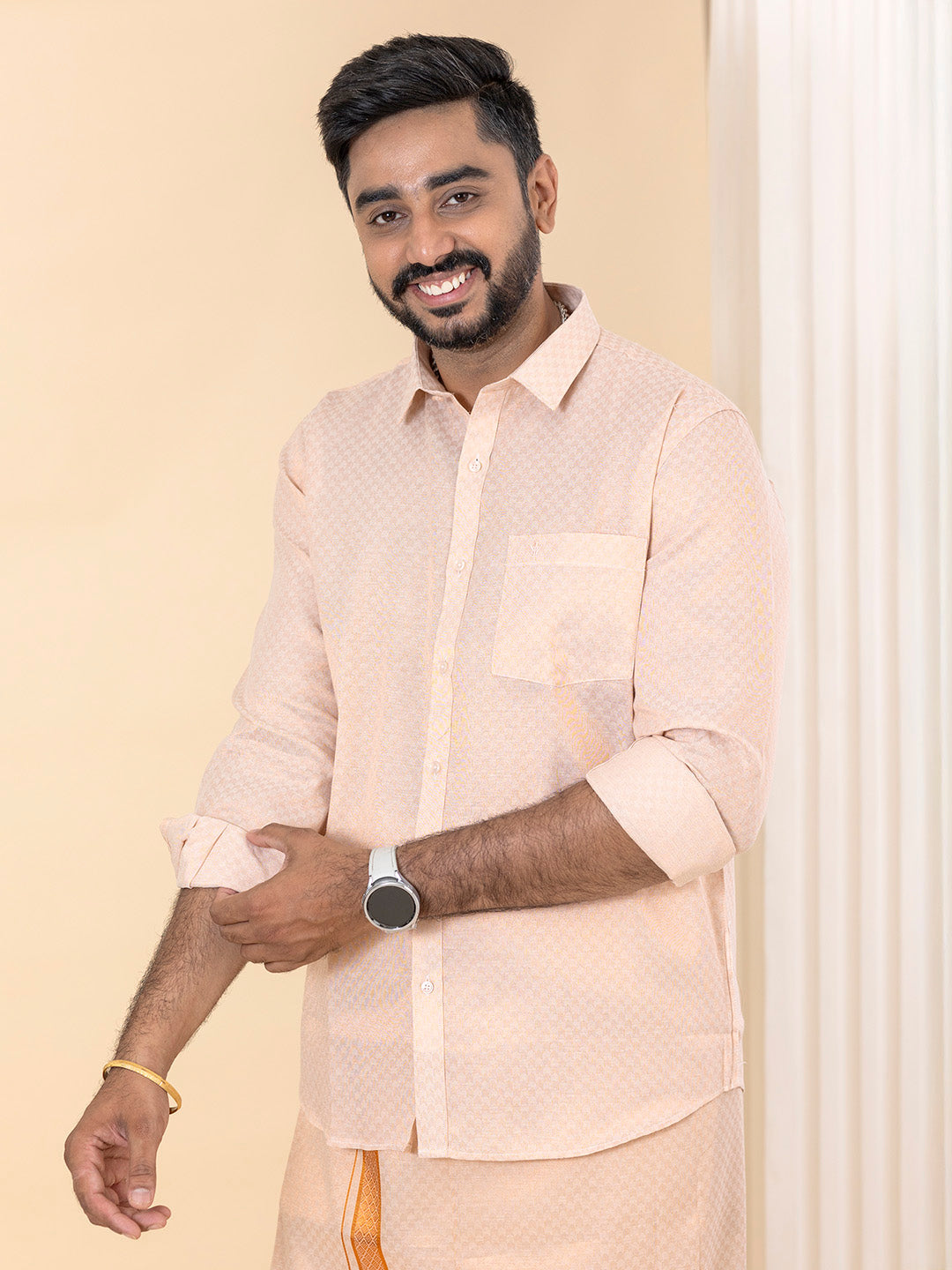 Men Copper Tissue Jacquard Full Sleeves Shirt with Matching Dhoti Set CD11