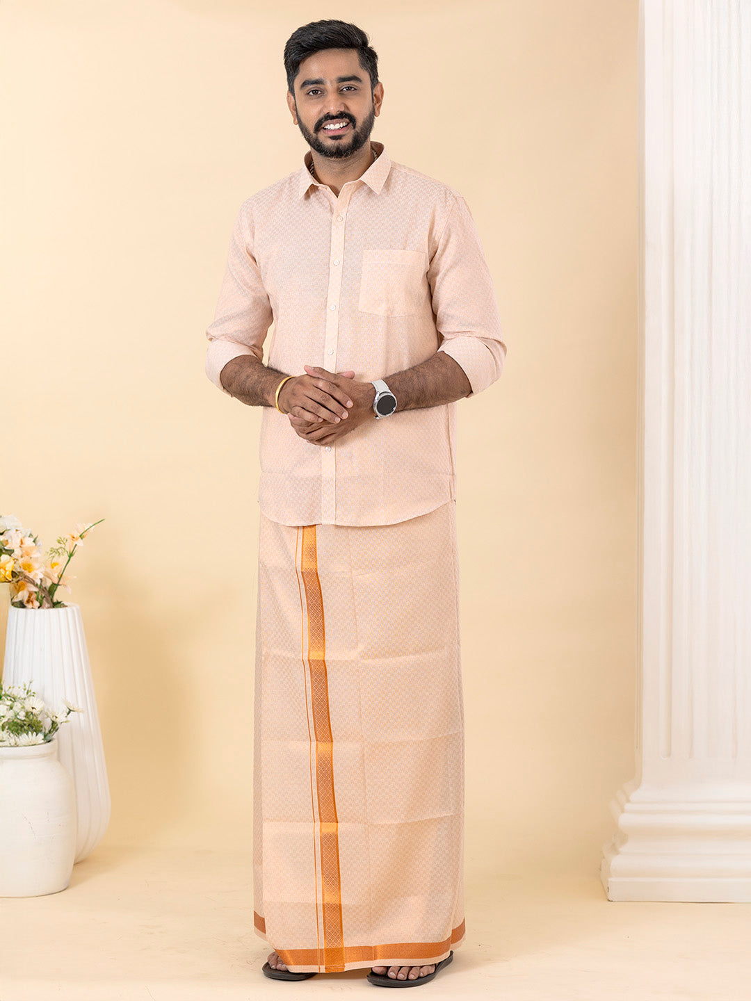 Men Copper Tissue Jacquard Full Sleeves Shirt with Matching Dhoti Set CD11
