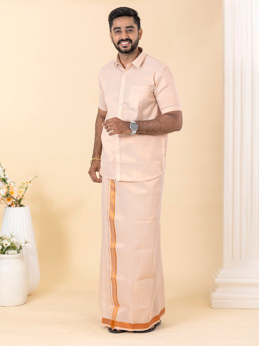 Men Copper Tissue Jacquard Half Sleeves Shirt with Matching Dhoti Set CD12