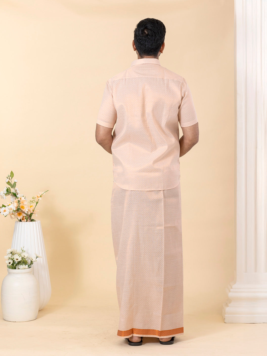 Men Copper Tissue Jacquard Half Sleeves Shirt with Matching Dhoti Set CD12