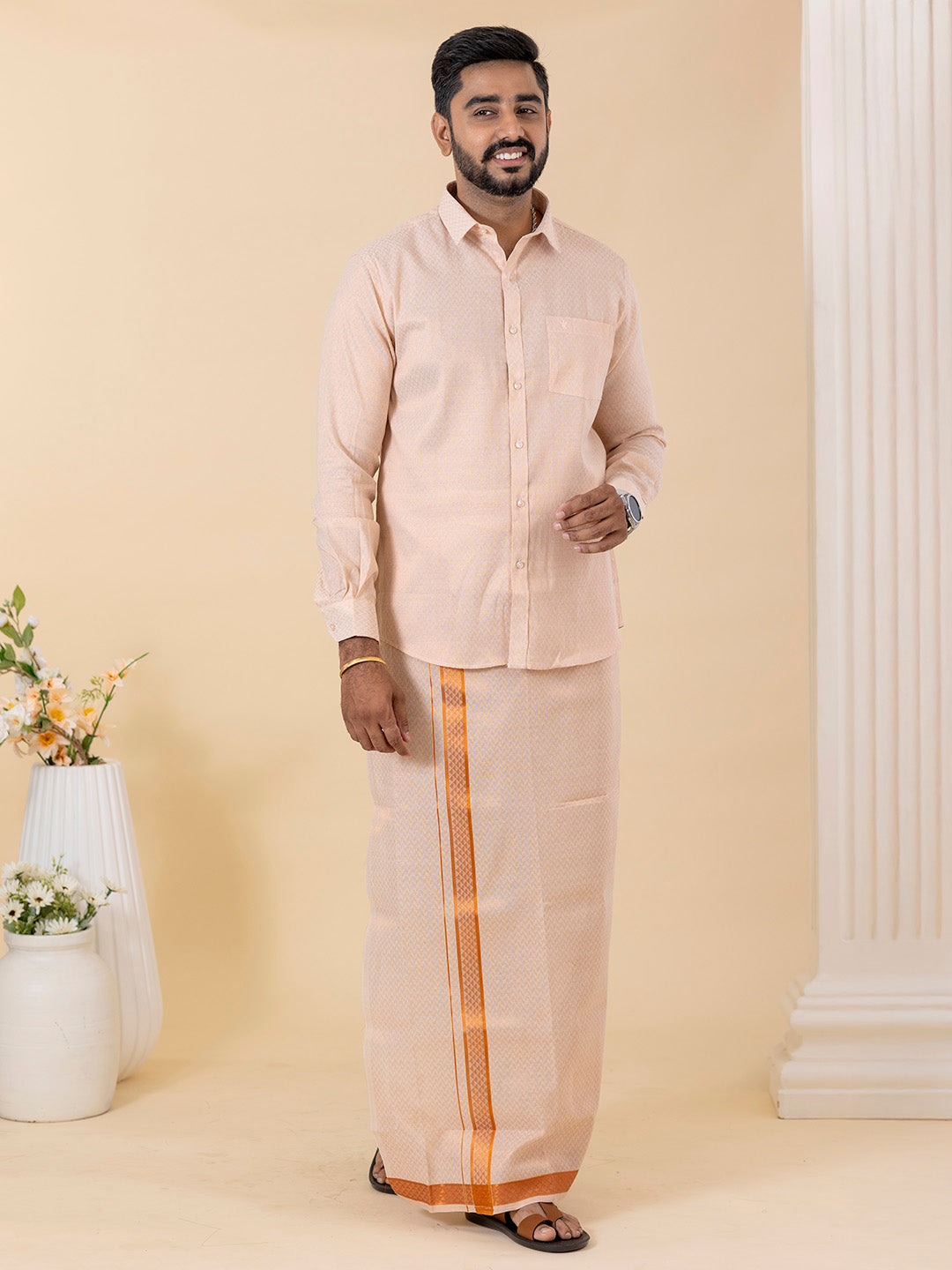 Men Copper Tissue Jacquard Full Sleeves Shirt with Matching Dhoti Set CD12