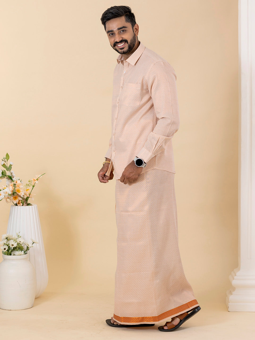 Men Copper Tissue Jacquard Full Sleeves Shirt with Matching Dhoti Set CD12