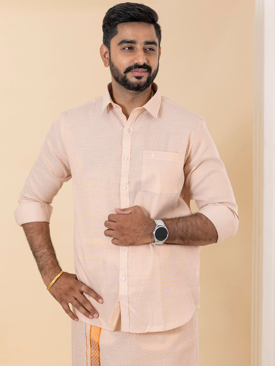 Men Copper Tissue Jacquard Full Sleeves Shirt with Matching Dhoti Set CD12