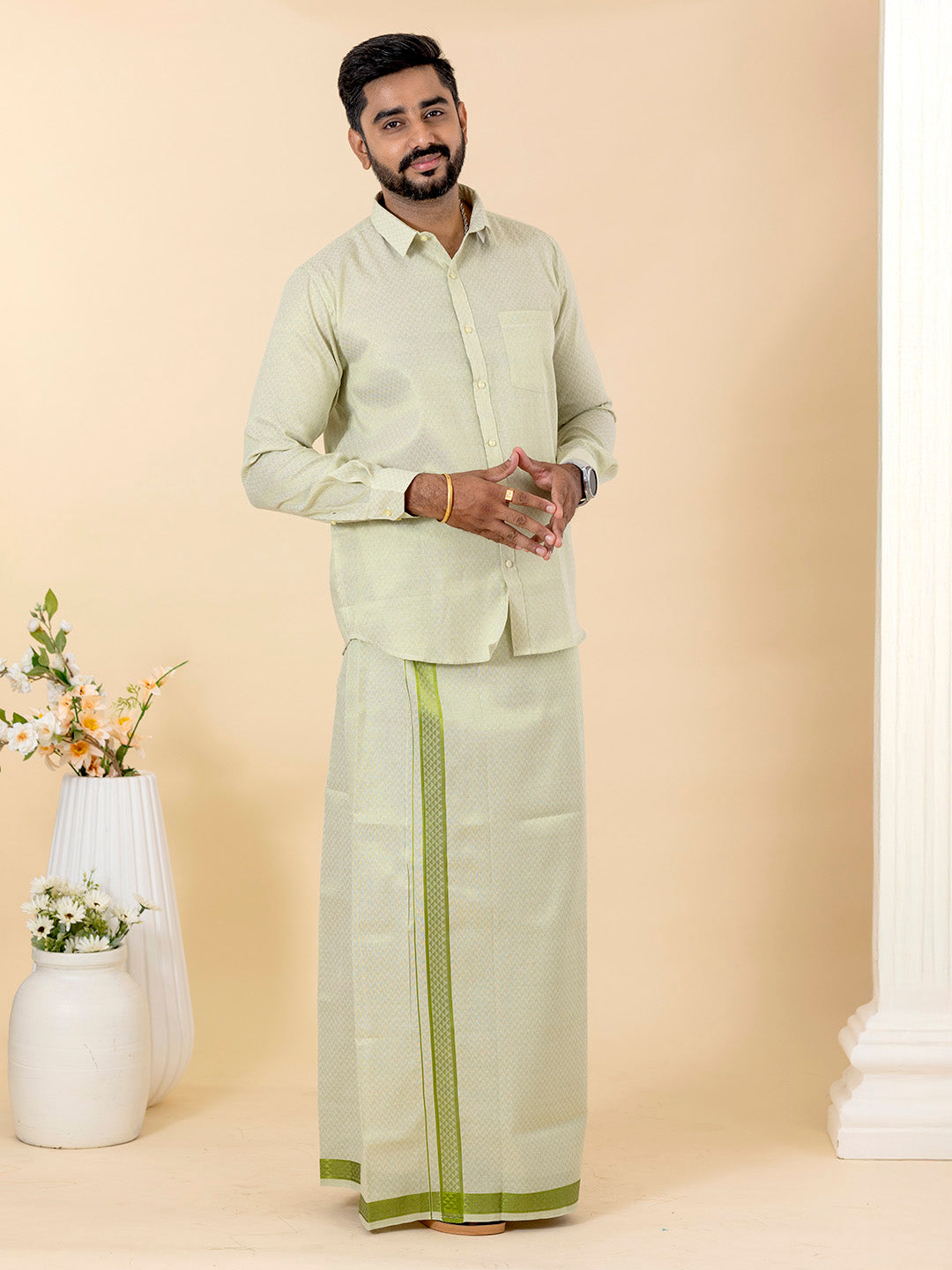 Couple Combo Shirt & Dhoti Set with Saree Moss Green MGD12
