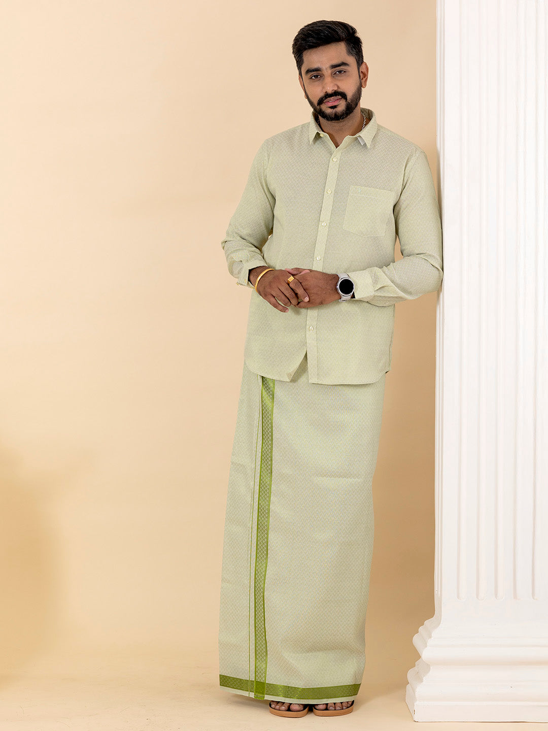 Men Moss Green Tissue Jacquard Full Sleeves Shirt with Matching Dhoti Set MGD12