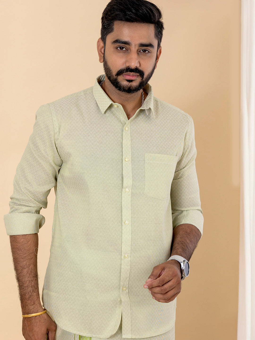 Men Moss Green Tissue Jacquard Full Sleeves Shirt with Matching Dhoti Set MGD12