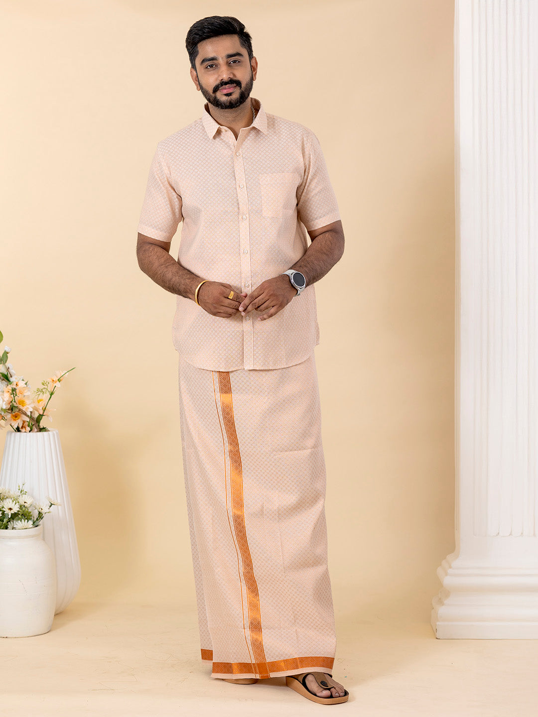 Men Copper Tissue Jacquard Half Sleeves Shirt with Matching Dhoti Set CD13