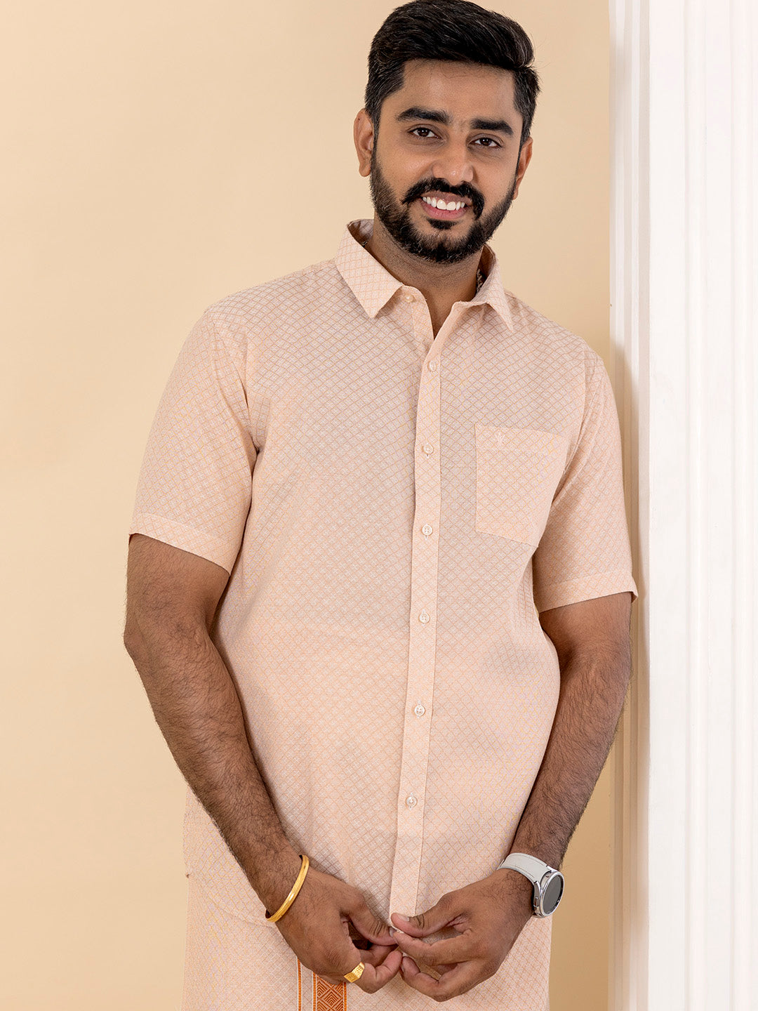 Men Copper Tissue Jacquard Half Sleeves Shirt with Matching Dhoti Set CD13