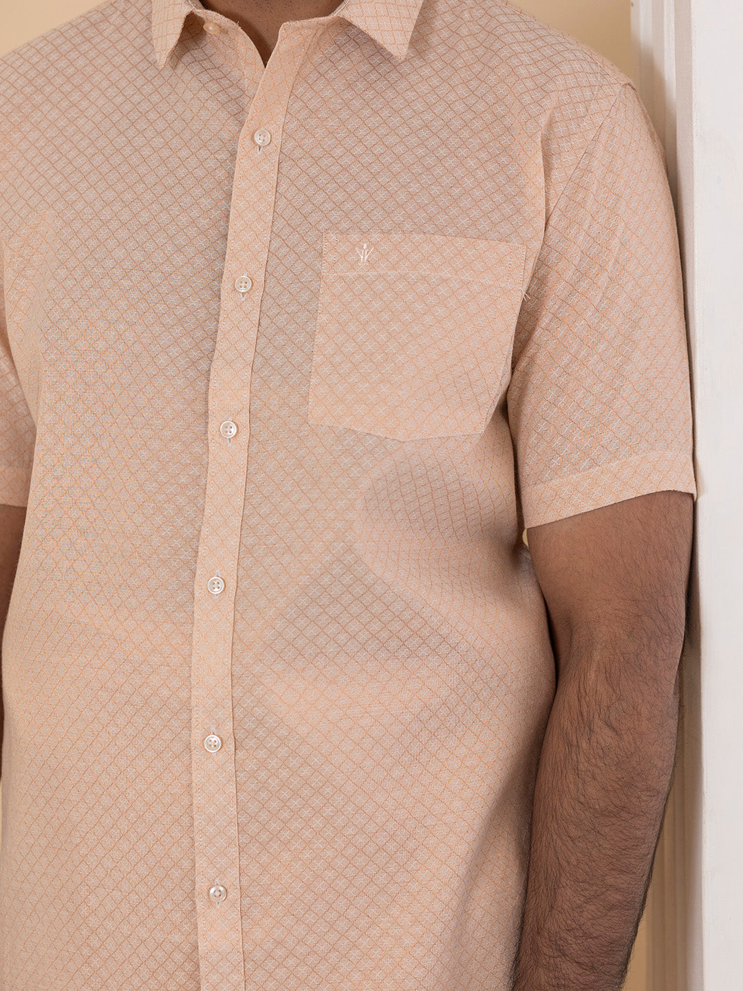 Men Copper Tissue Jacquard Half Sleeves Shirt with Matching Dhoti Set CD13