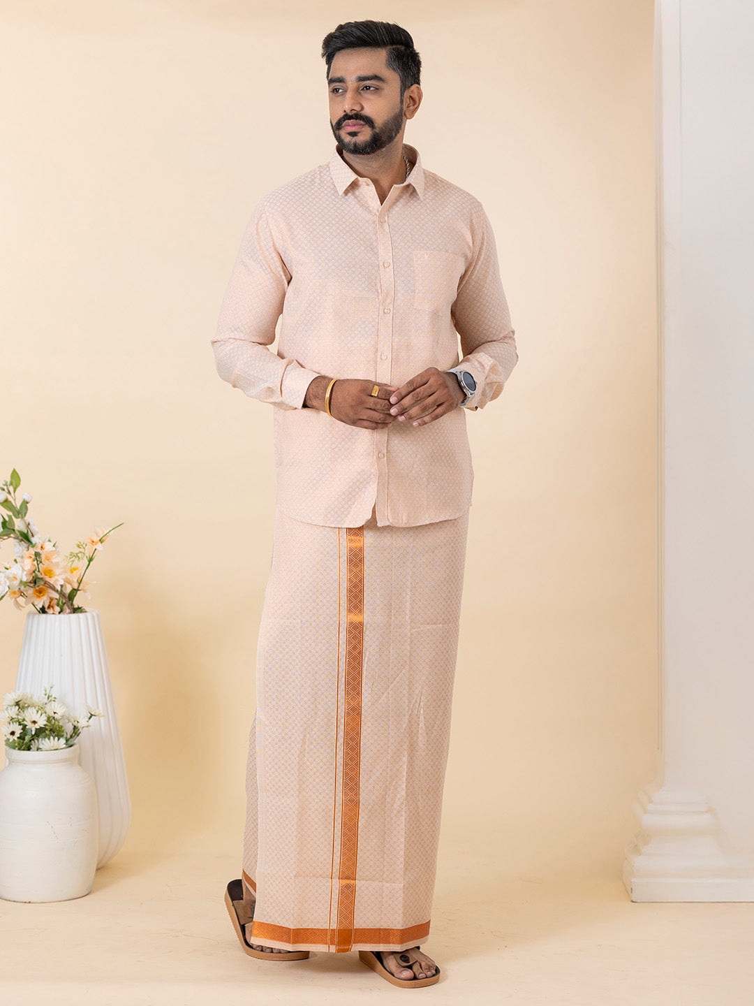 Men Copper Tissue Jacquard Full Sleeves Shirt with Matching Dhoti Set CD13