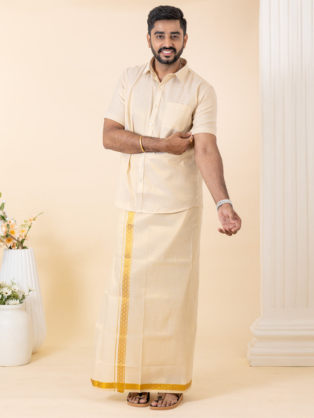 Men Gold Tissue Jacquard Half Sleeves Shirt with Matching Dhoti Set GD13