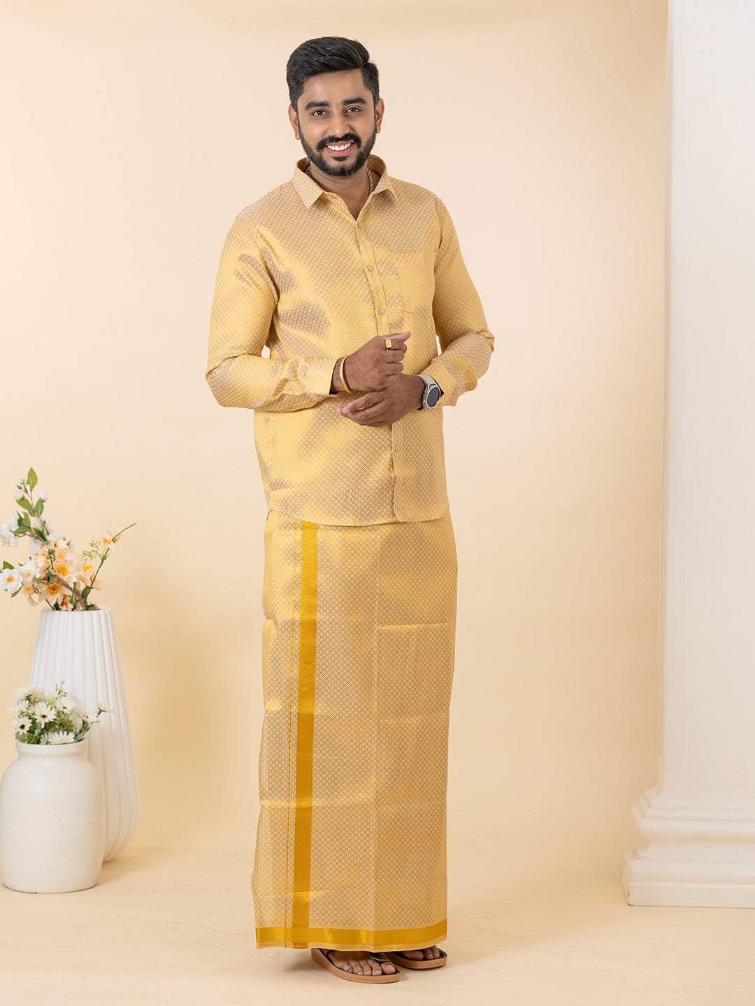 Men Gold Tissue Self Design Shirt with Matching Dhoti Set GDP3