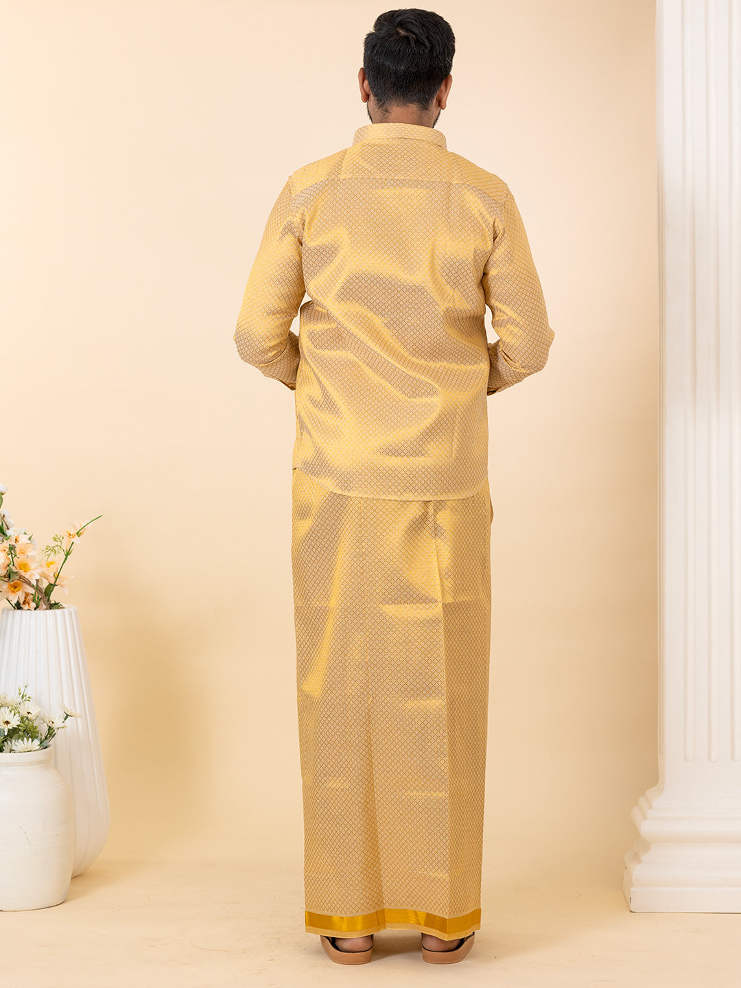 Men Gold Tissue Self Design Shirt with Matching Dhoti Set GDP3