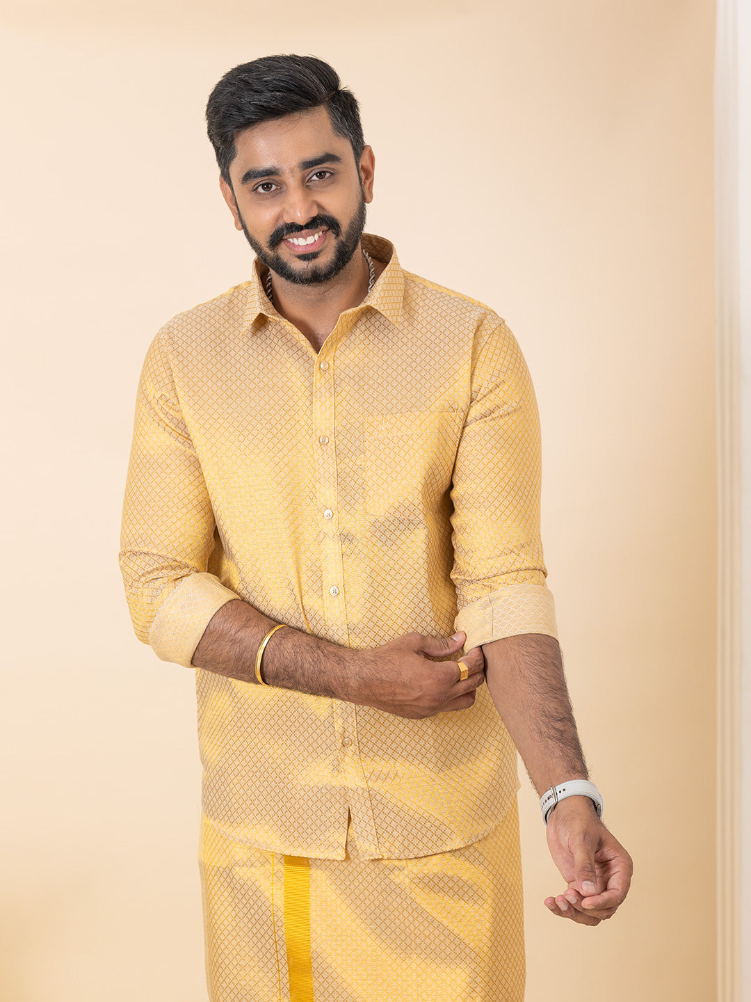 Men Gold Tissue Self Design Shirt with Matching Dhoti Set GDP3