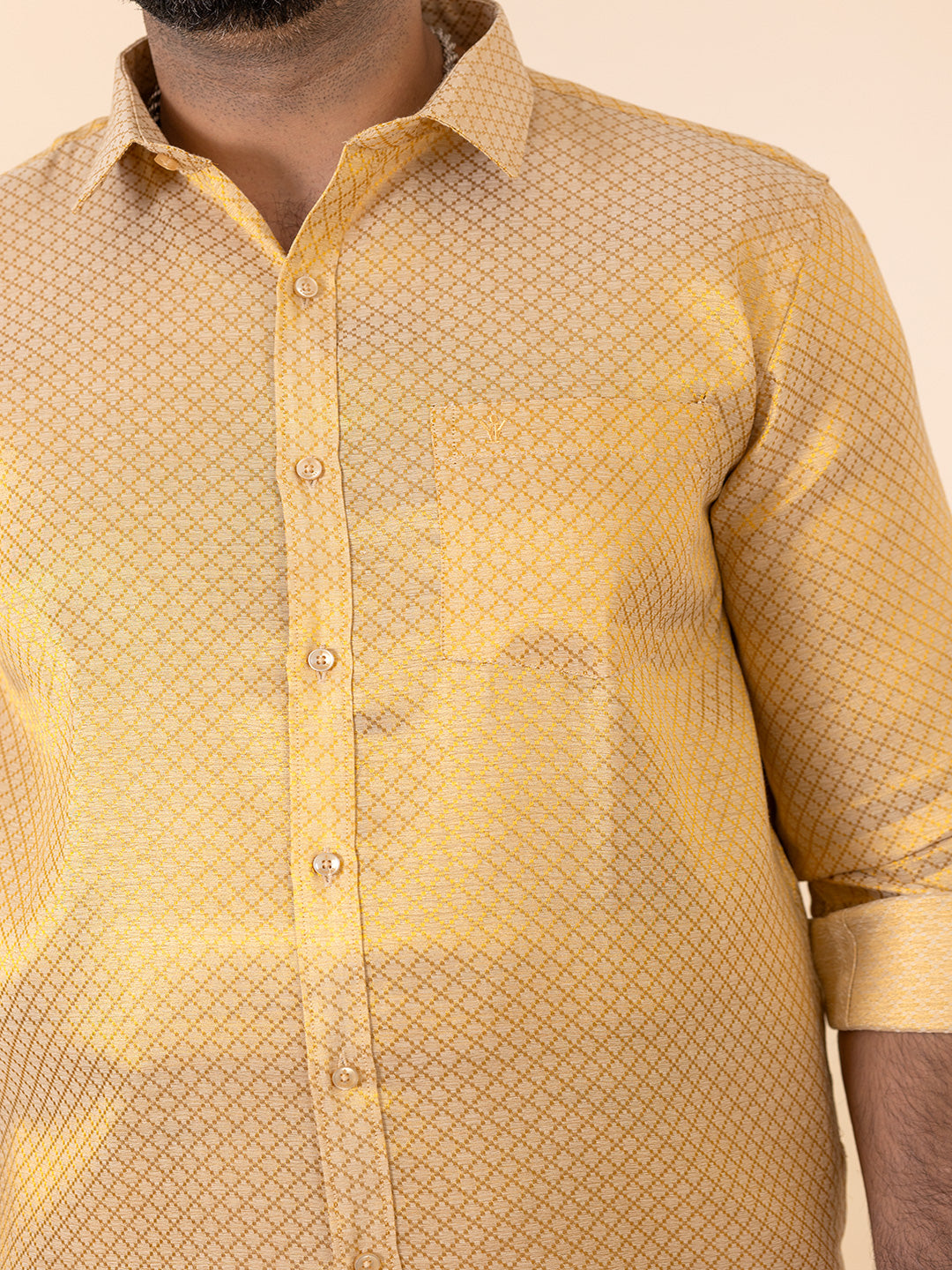 Men Gold Tissue Self Design Shirt with Matching Dhoti Set GDP3