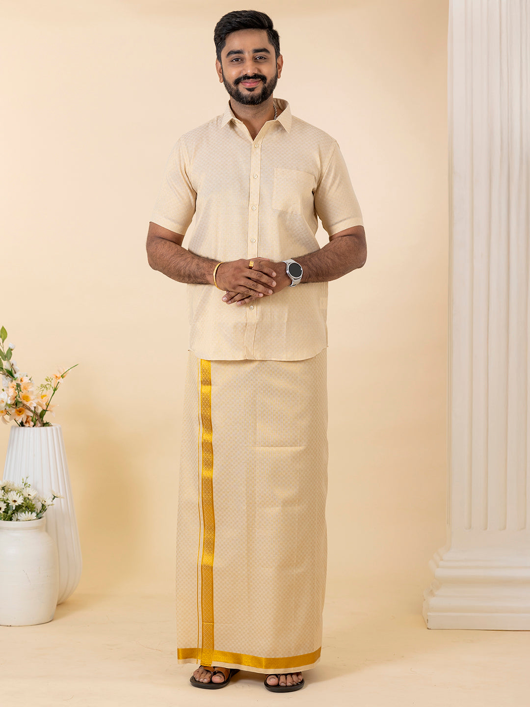 Men Gold Tissue Jacquard Half Sleeves Shirt with Matching Dhoti Set GD11