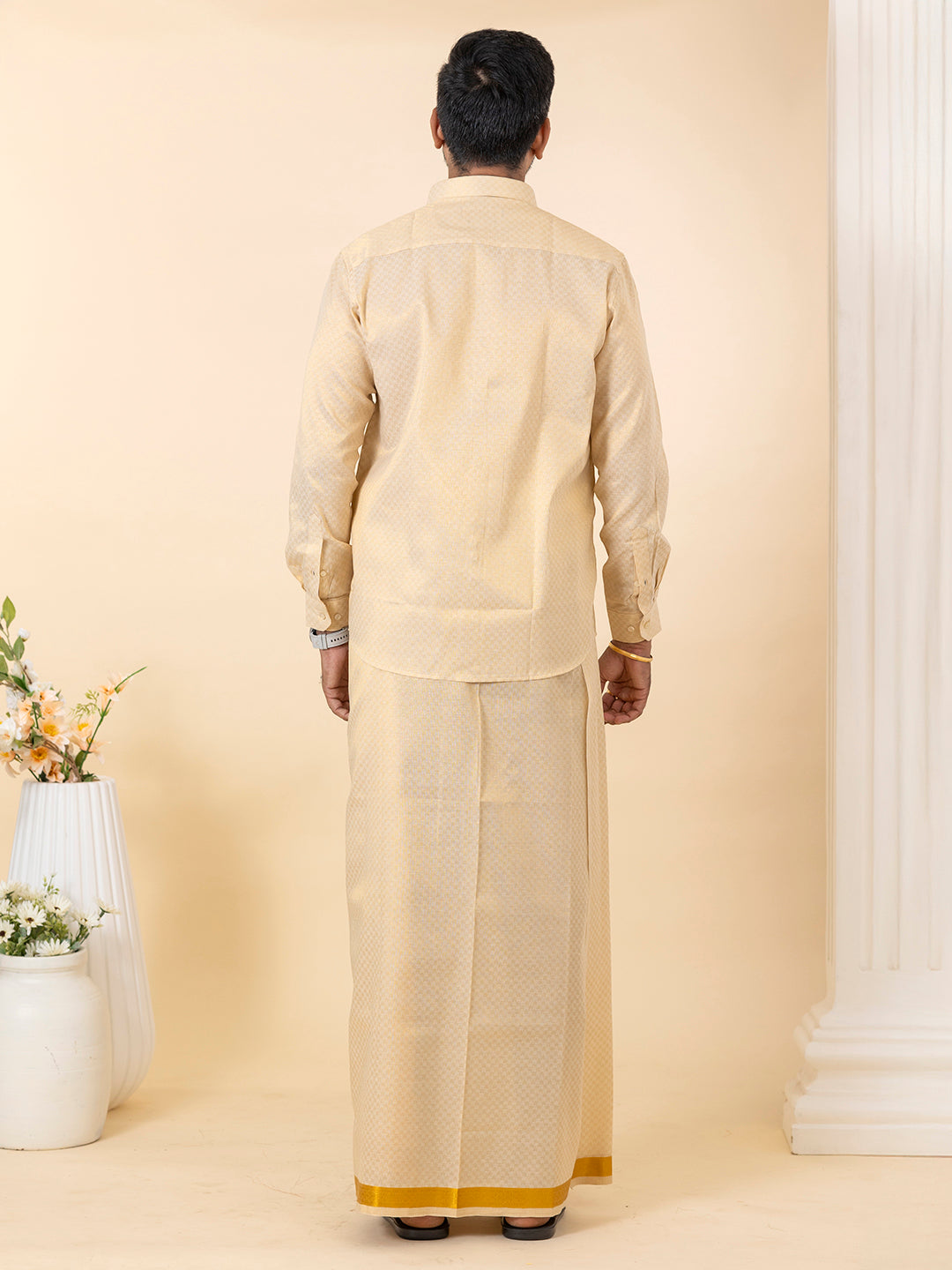 Men Gold Tissue Jacquard Full Sleeves Shirt with Matching Dhoti Set GD11