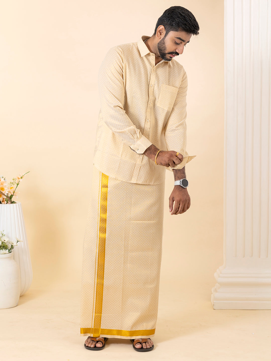 Men Gold Tissue Jacquard Full Sleeves Shirt with Matching Dhoti Set GD11
