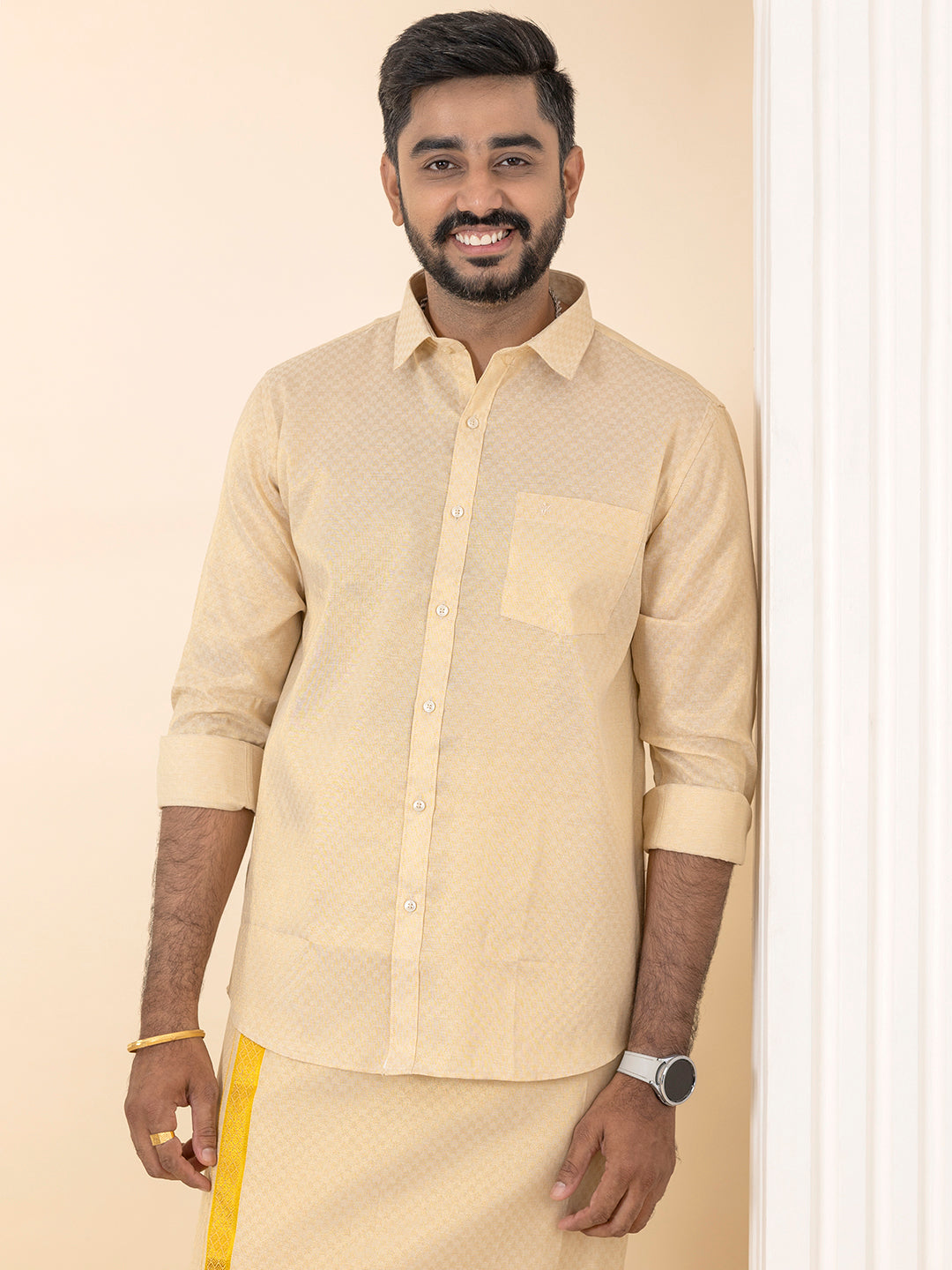 Men Gold Tissue Jacquard Full Sleeves Shirt with Matching Dhoti Set GD11