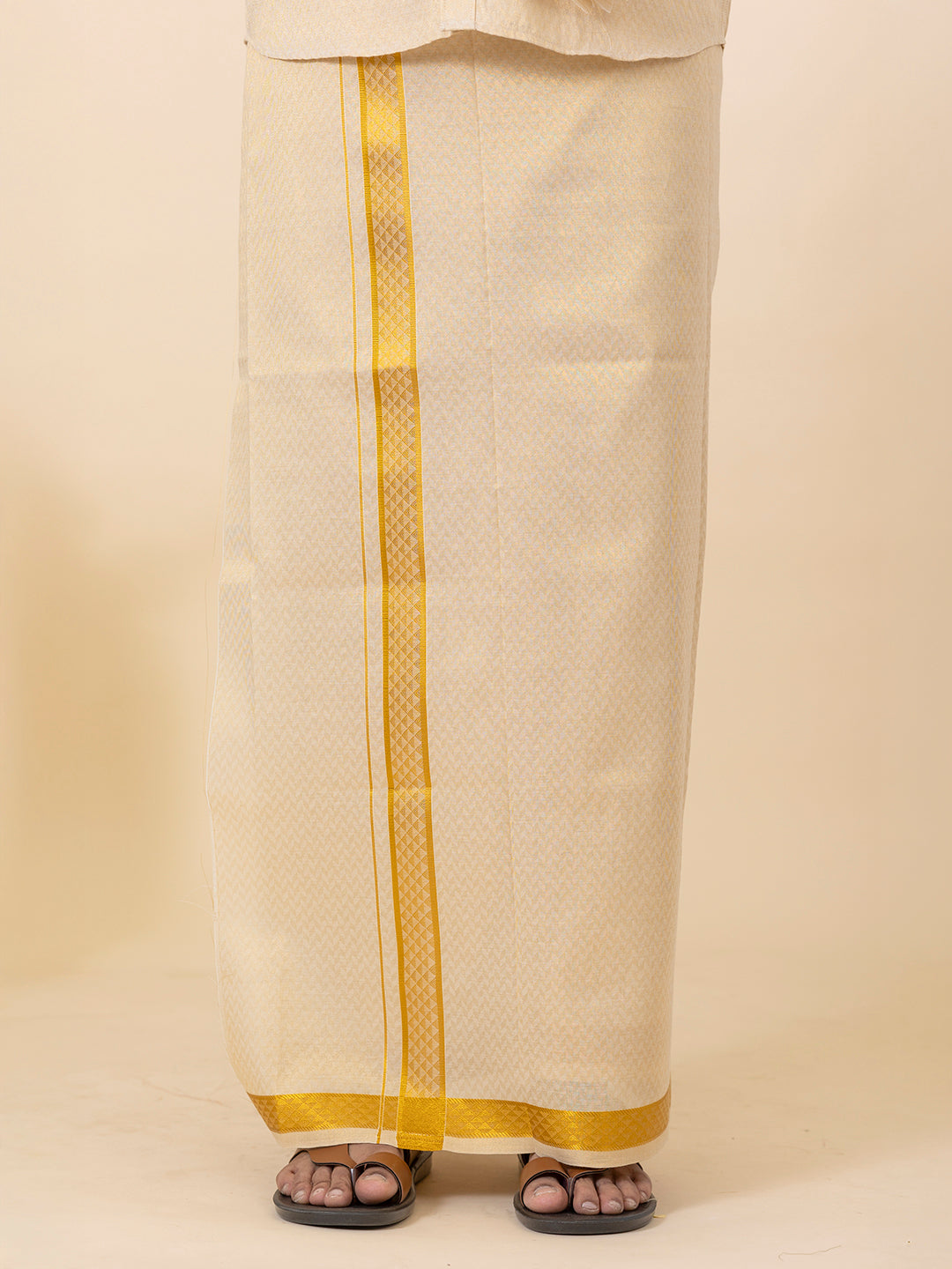 Men Gold Tissue Jacquard Half Sleeves Shirt with Matching Dhoti Set GD12