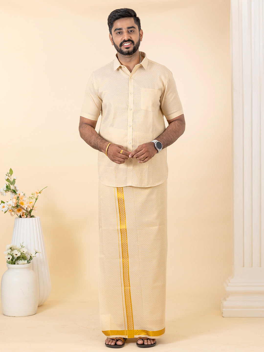 Men Gold Tissue Jacquard Half Sleeves Shirt with Matching Dhoti Set GD12