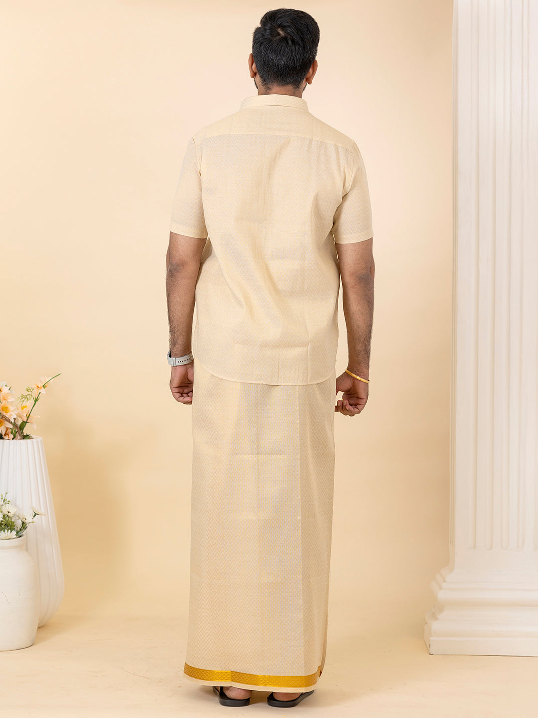 Men Gold Tissue Jacquard Half Sleeves Shirt with Matching Dhoti Set GD12
